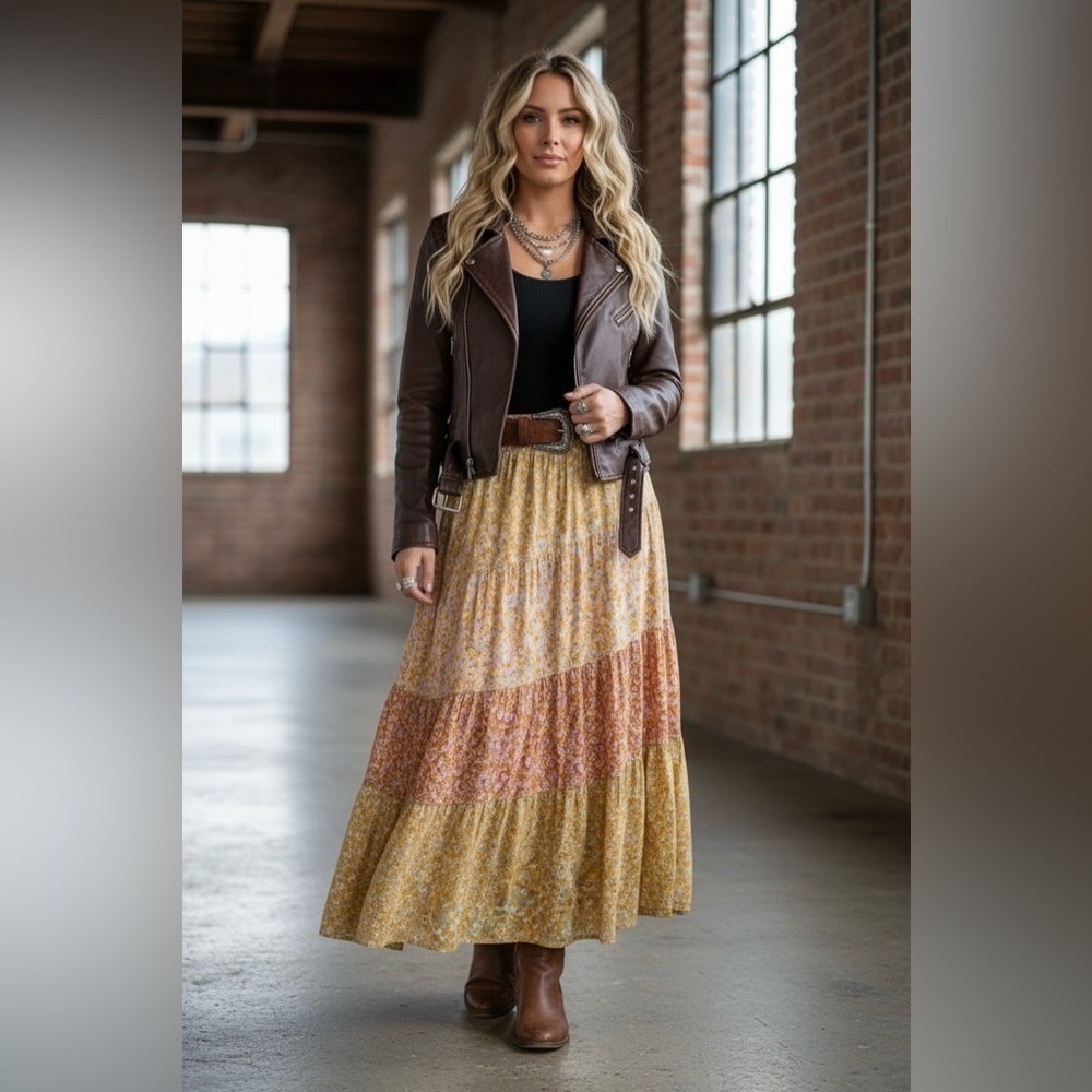 NWT Angie Clothing Boho Floral Print Mixed Media Maxi Skirt - Picture 14 of 14